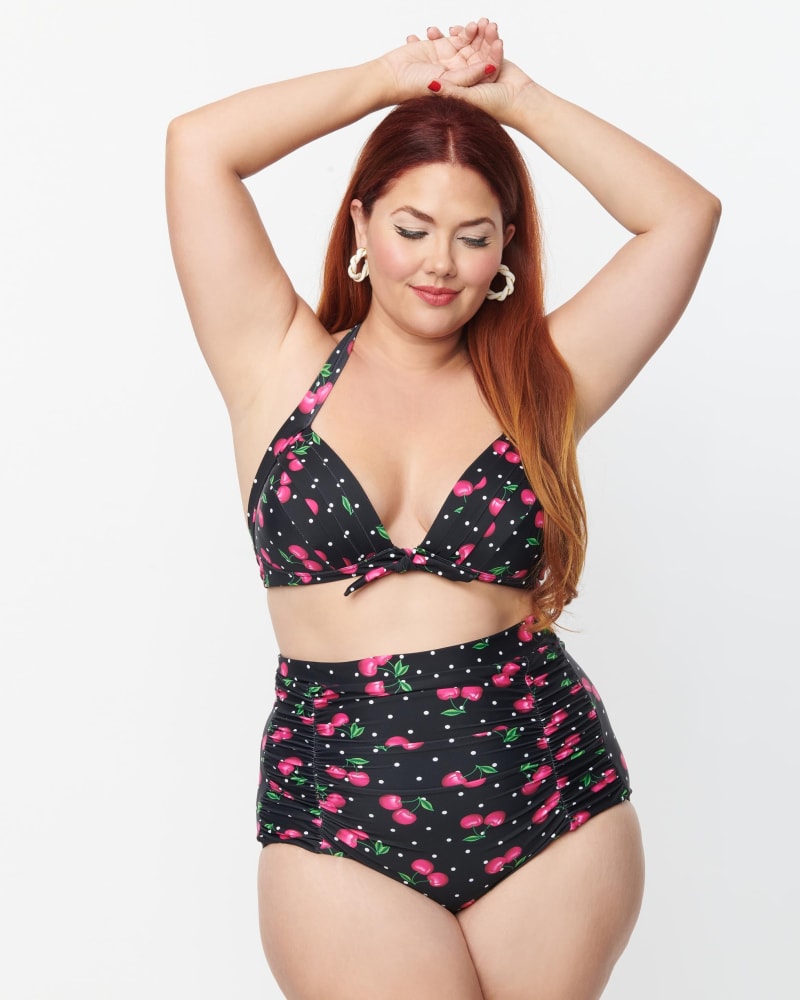 Unique Vintage Plus Size Black Hot Pink Cherry Pin Dot Monroe Swim B